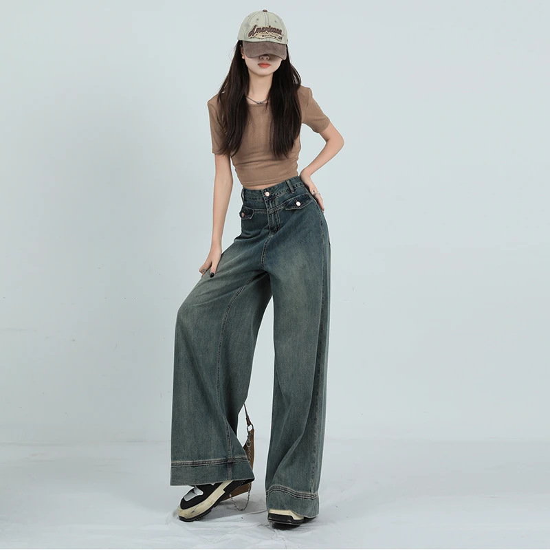 Wide Leg Jeans for Women 2023 Vintage Blue Spring Summer High Street New Loose and Slim Drop Feel Straight Tube High Waist Thin