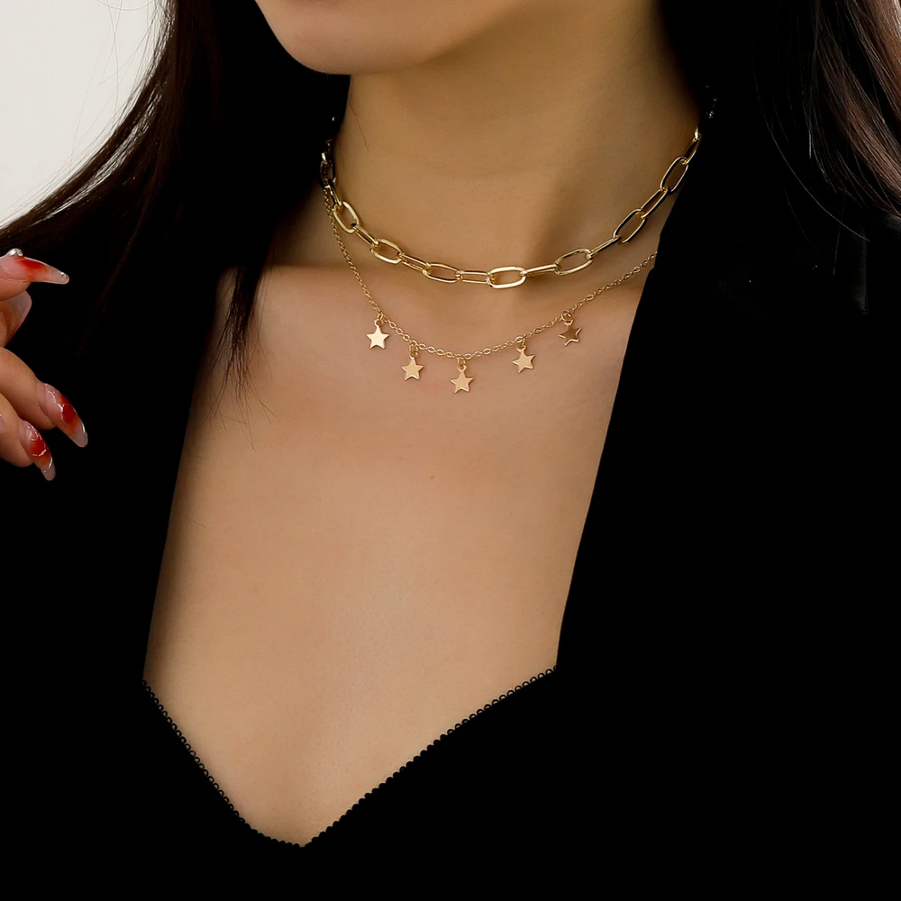 

Statement Boho Gold Color Star Chains Necklace Fashion Female Choker Simple Ladies Double Layer Pendant For Women Jewelry Gifts