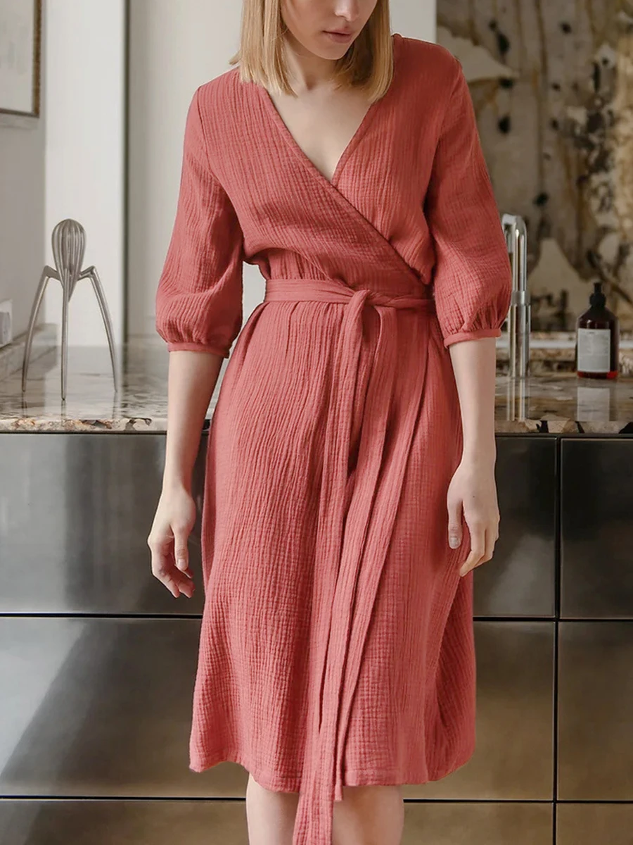 

Women Comfortable Solid Color Kimono Robes Loose Comfortable Belted Bathrobe V-Neck Half Sleeves Soft Sleepwear Loungewear