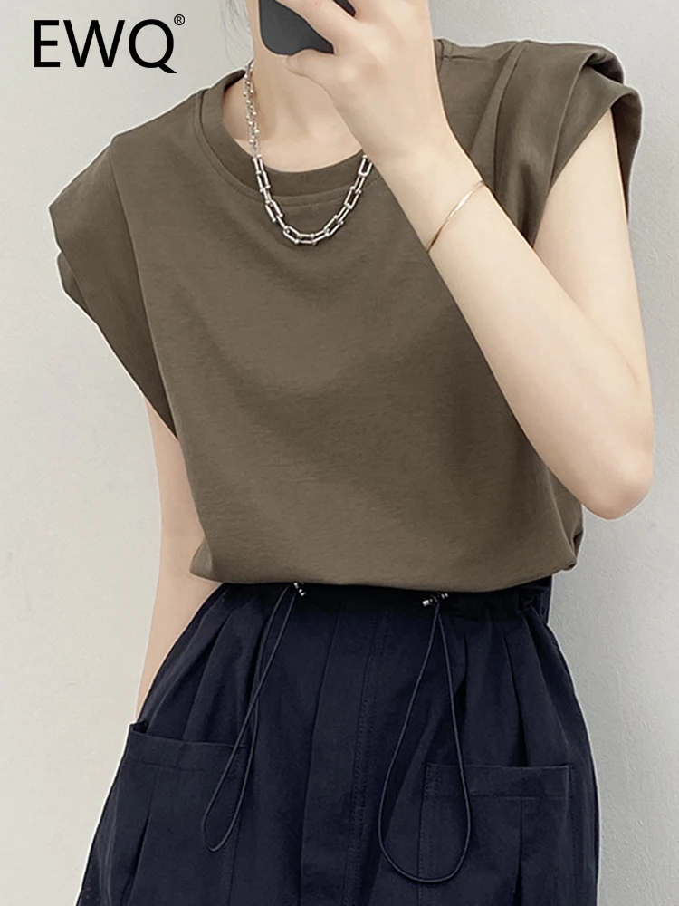 

EWQ Simplicity Short Sleeve T-shirt For Women Solid Round Neck Office Lady Female Tops Fashion Clothing 2023 Summer New 26D4505
