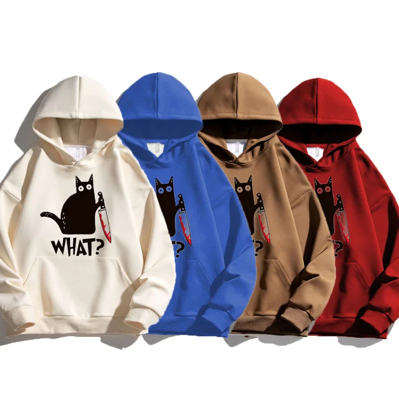 

Толстовка мужская с капюшоном, Свитшот в японском стиле Харадзюку, уличная одежда, пуловер с рисунком кошки и ножа «WHAT», теплая Осенняя кофт...