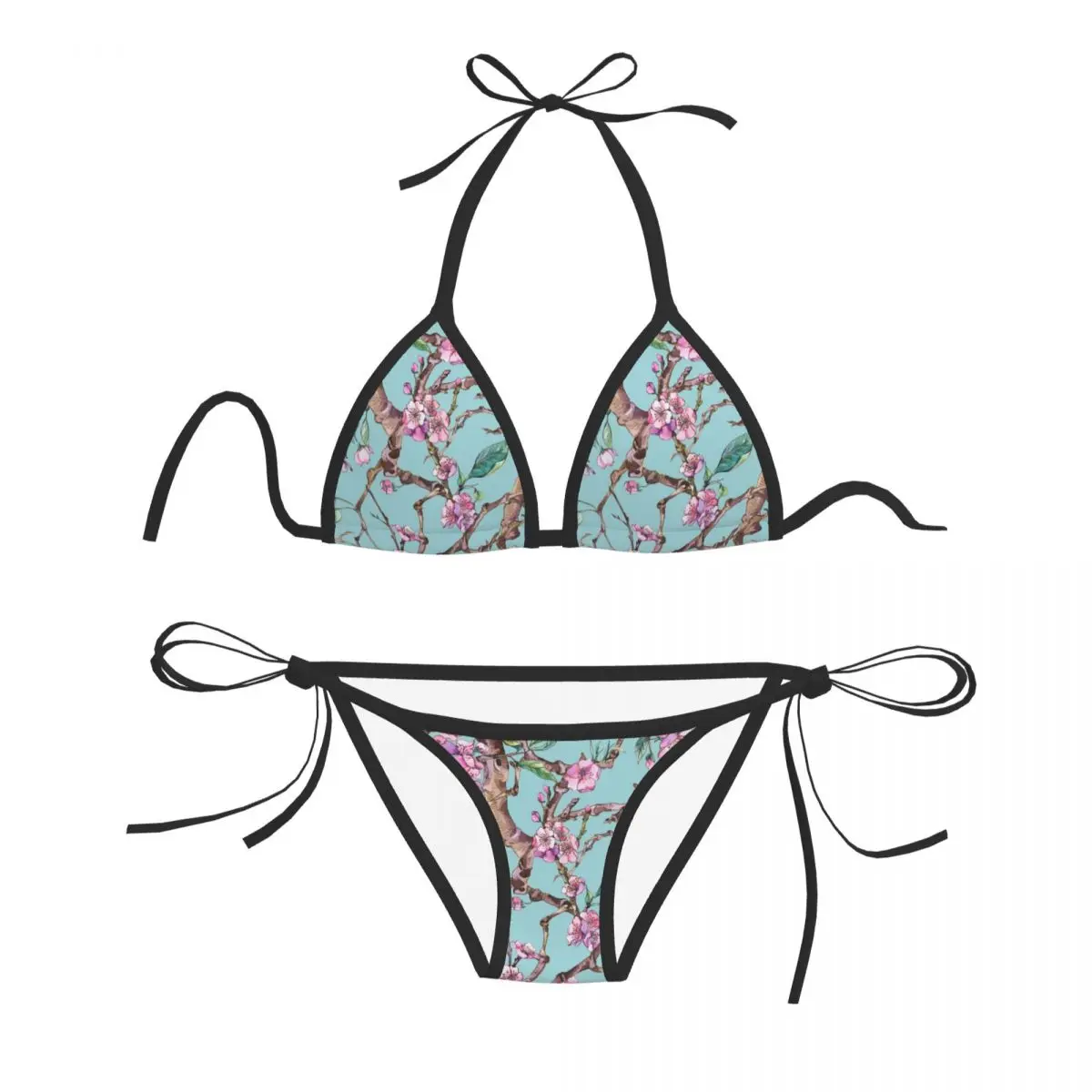 

Sexy Bikini 2023 Women Swimsuit Spring Cherry Sakura Pink Flowers Blooming Illustration Bikini Set Swimwear Bathing Suit