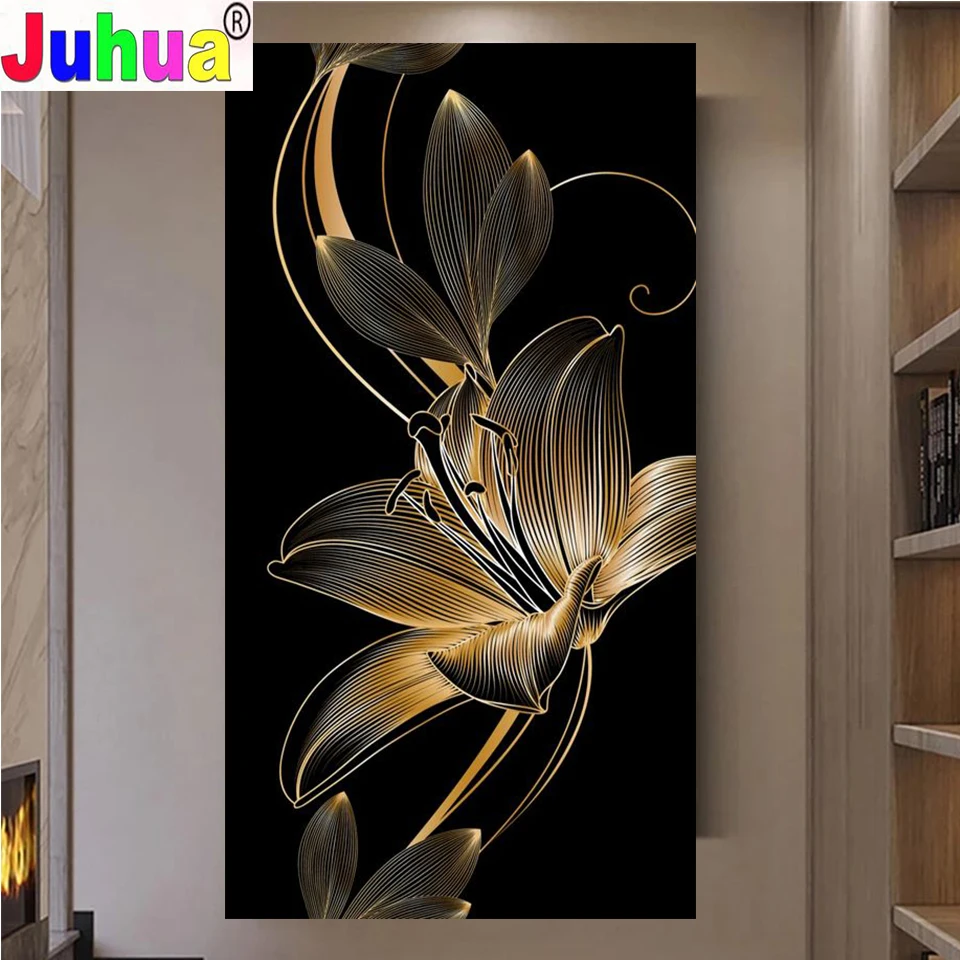 Large Gold and Black Lily 5D full drill DIY Diamond Embroidery Mosaic Kit Flowers Picture Crystal Diamond Painting Home Decor images - 6