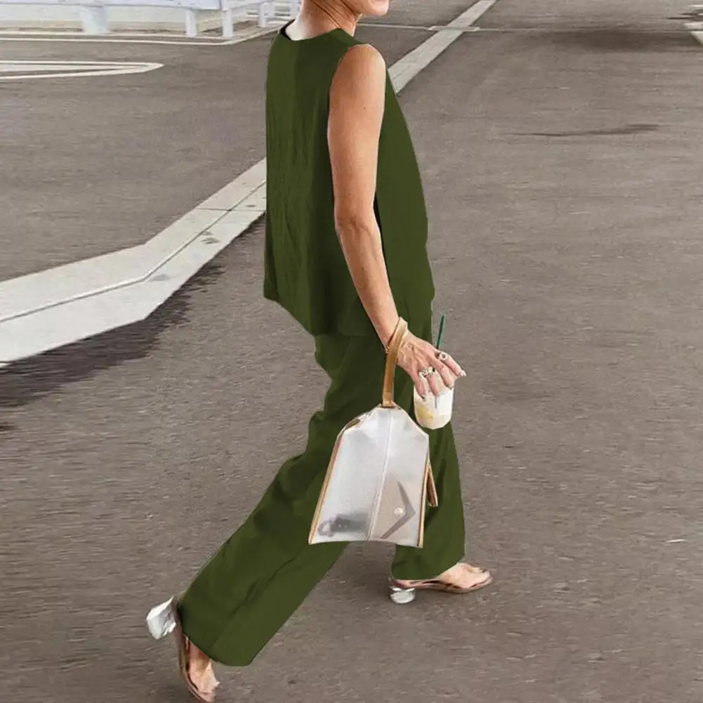 

1 Set Top Pants Blouse Trouser Solid Color Summer Suit Women Harajuku Style Split Elegant Loose Crew Neck Outfit Streetwear