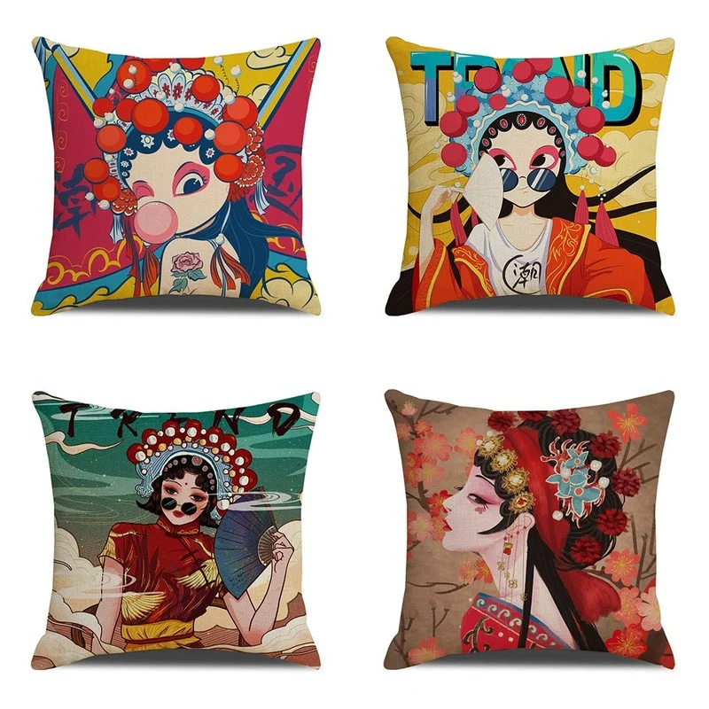 

Chinese Style Peking Opera Beauty Print Cushion Cover Throw Pillow Home Decoration Pillow Cover Linen Pillowcase Decorative Car