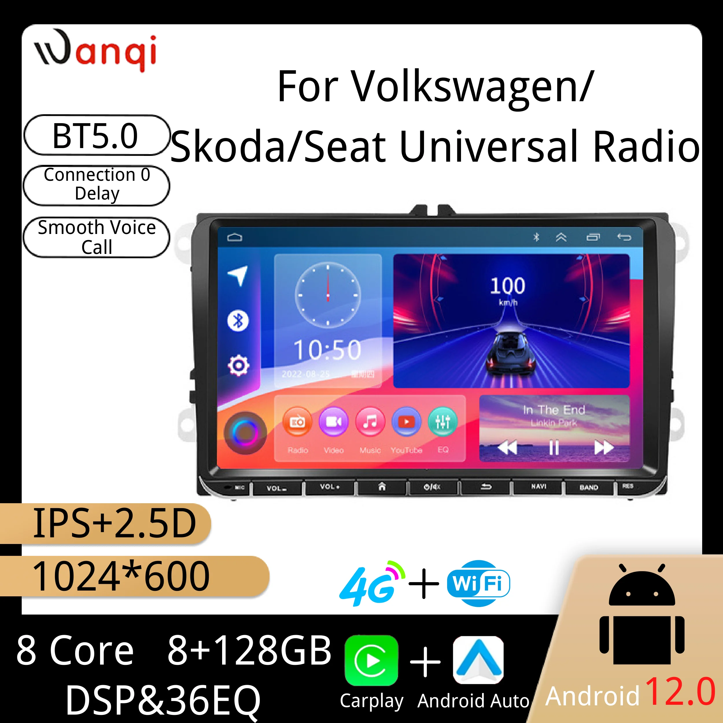 Wanqi Android 12,0 9 дюймов 4G + WIFI 8 ядер 8 + 128 Гб Carplay + Android Auto DSP GPS BT5.0 для Volkswagen/ Skoda/Seat Универсальное автомобильное радио