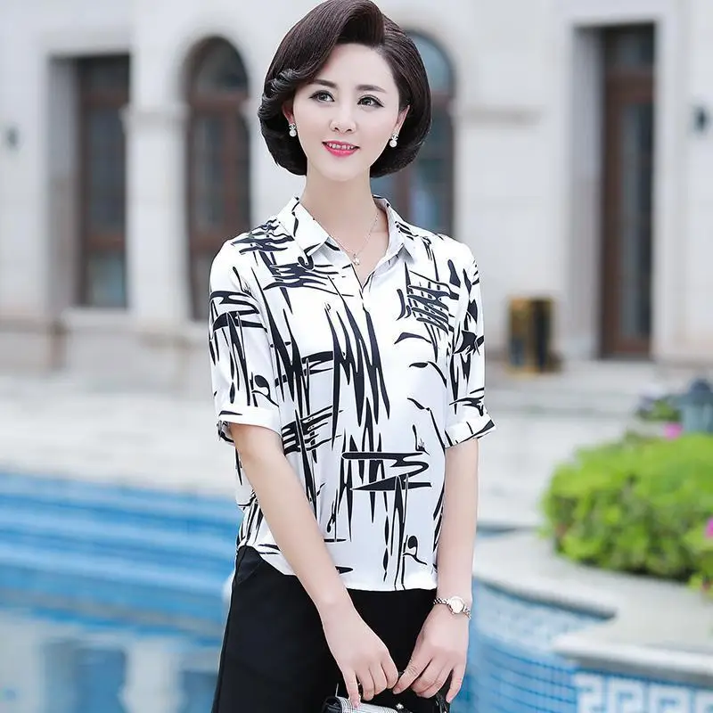

New summer temperament chiffon fashion T-shirt short-sleeved middle-aged and elderly women shirt foreign style blouse female top