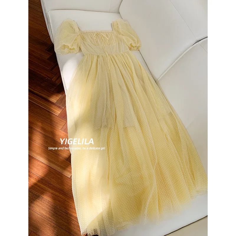 

Женское Сетчатое платье в горошек, элегантное Плиссированное длинное желтое платье с бантом и пышными рукавами, корейская мода на лето, 2023