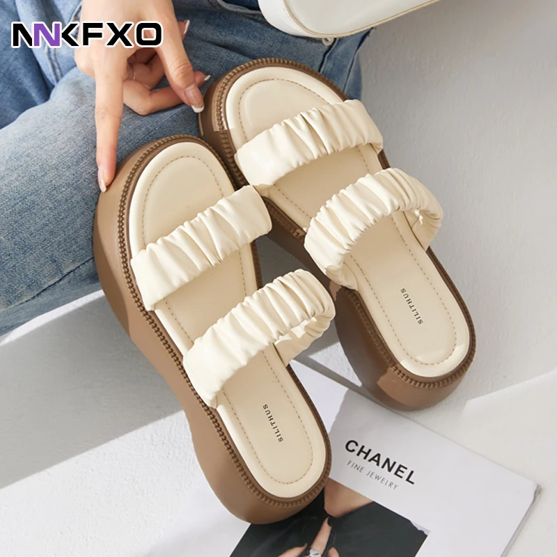 

Women Pleated Slippers Summer Female Solid platform Women's Casual Open Toe Slides Woman Outdoor Shoes Ladies Footwear Big Size
