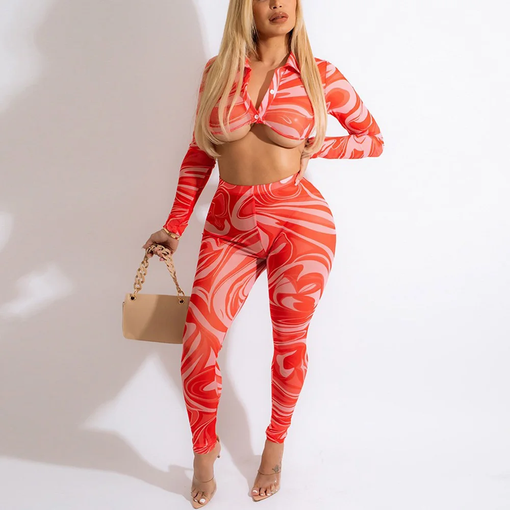 

2022 Spring New 2 Pieces Matching Sets Printed Blouse & Long Pants Fashion Bodycon Sexy Evening Night Club Outfits Pants Sets