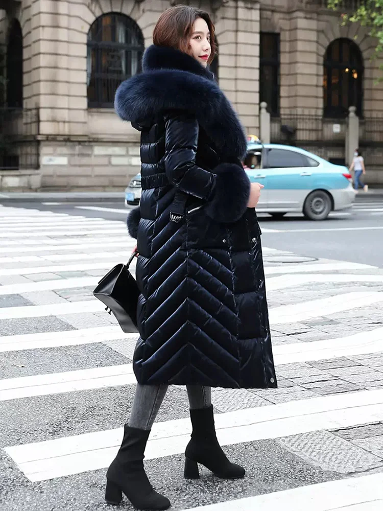 New Women Real Fur Down Coat Winter Double Fox Fur Collar Wash Free Glossy Surface Thicken Warm Belt Slim Long Down Jacket