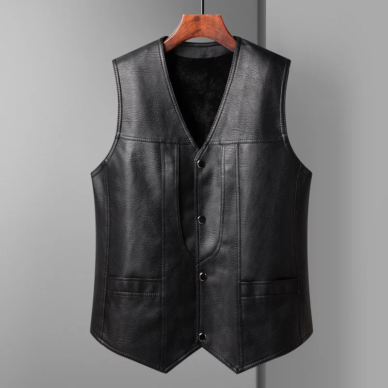 

Autumn and Winter Men's Fleece-Lined Thickened Leather Waistcoat Warm Vest V-neck Waistcoat Jacket Men's Top