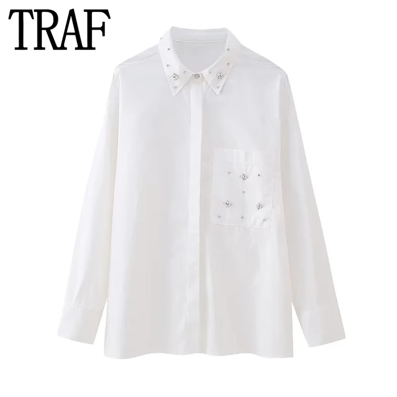 

TRAF 2023 Rhinestone White Shirt Women Collared Button Up Shirt Women Elegant And Youth Woman Blouses Autumn Long Sleeve Top