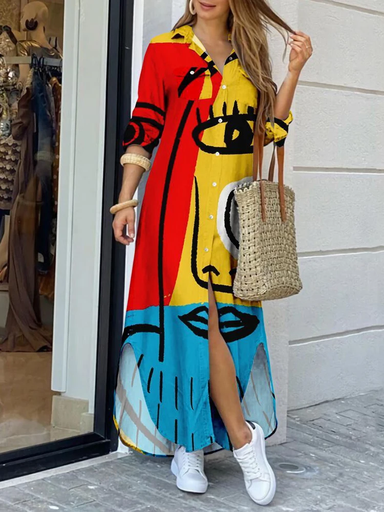 

Женское винтажное длинное платье с принтом, Повседневное платье в стиле бохо с буквенным принтом на пуговицах, пляжное платье-макси большого размера, Халат