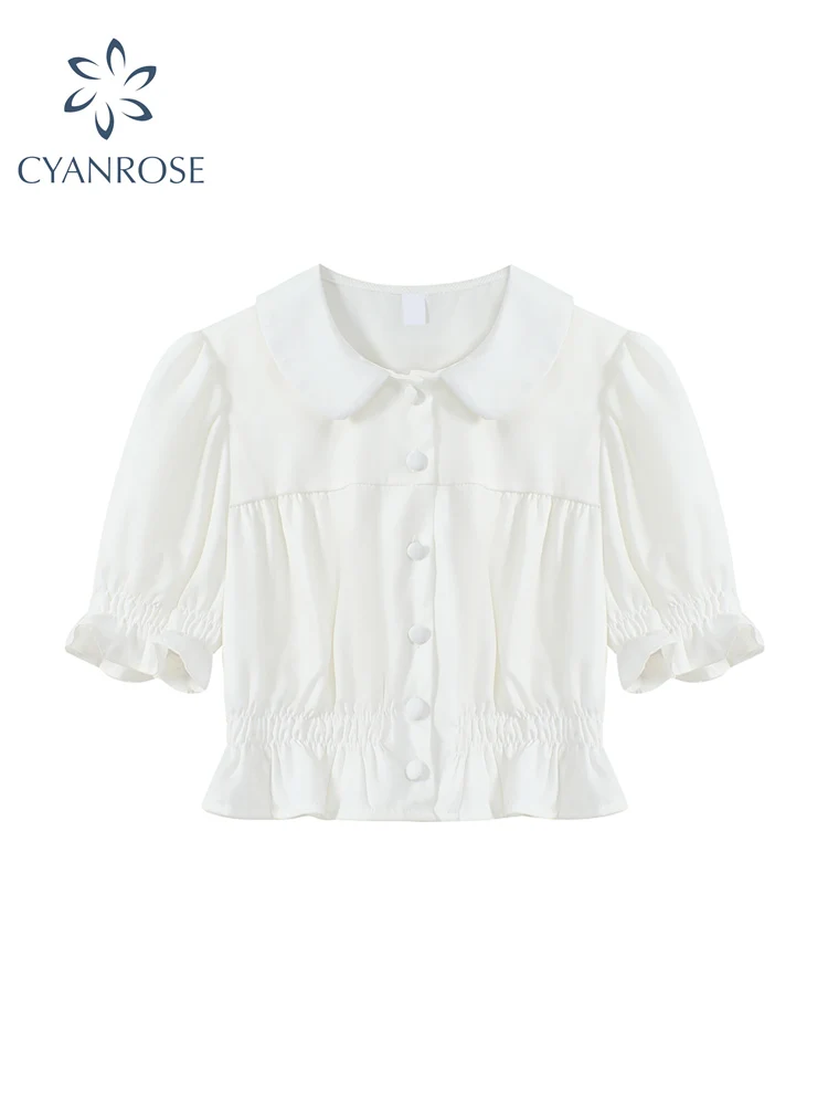 Camisas blancas Kawaii de encaje para mujer, blusas con botones para mujer, blusas informales con mangas abullonadas, Tops de estilo Lolita 2022