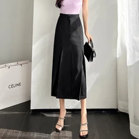fashion 2022 solid spring womens skirts high waist button up girls skirt straight mid calf length versatile skirt for