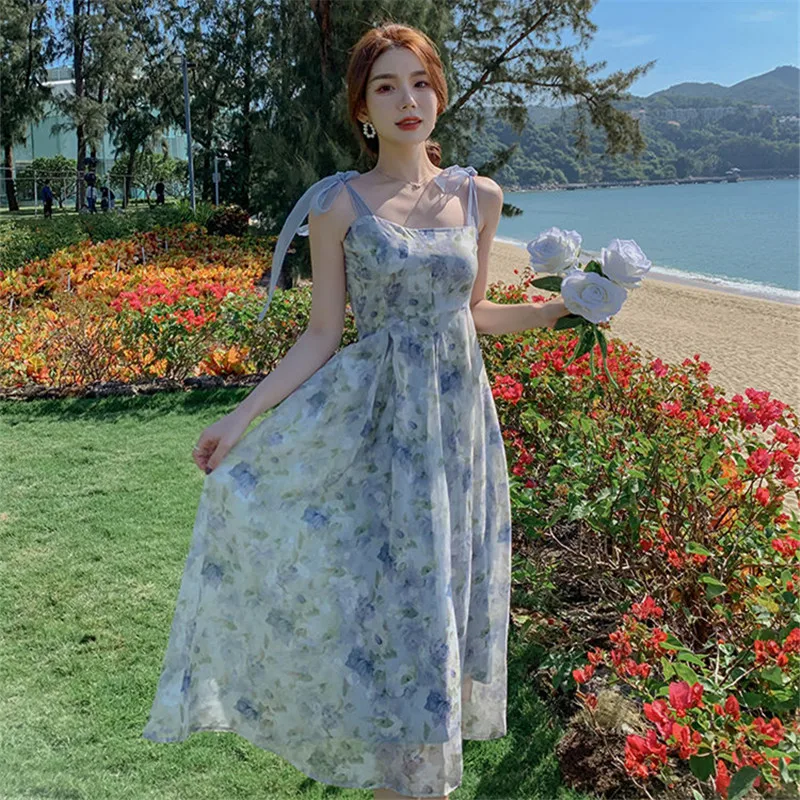 

Temperament Dress Women's Summer New Printing Word Neck A-line Suspender Skirt High Waist Sleeveless Fashion Female Clothing 206