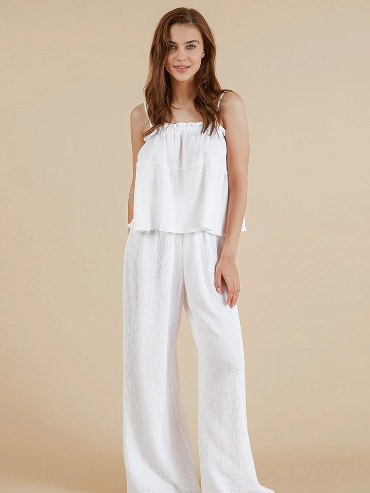 

Linad Ruffle Women's Nightwear 2 Piece Sets Spaghetti Strap Pajamas Female Loose Trouser Suits Cotton Sleepwear Autumn 2022