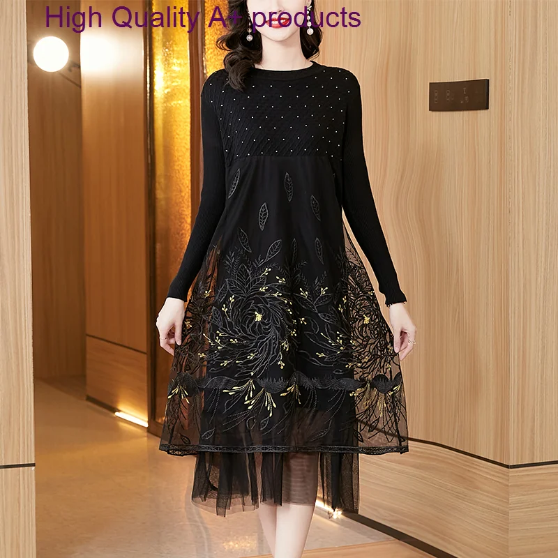 

Новинка зимы 2023, стильное облегающее платье с плотным покрытием, элегантное и изысканное вязаное шерстяное платье с сеткой и вышивкой