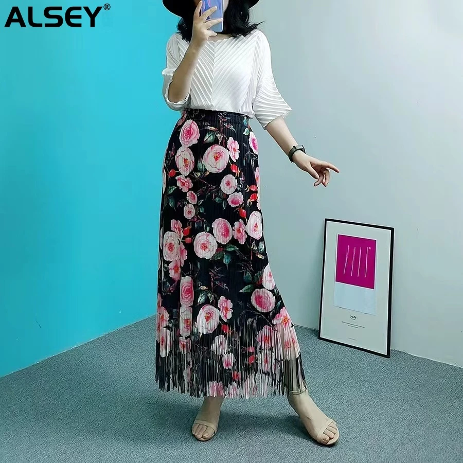 

Юбка ALSEY Miyake плиссированная с высокой талией, длинная юбка в стиле ретро, с кисточками и спирированным подолом, с цветочным принтом, юбка-полуоблегающая, лето 2023