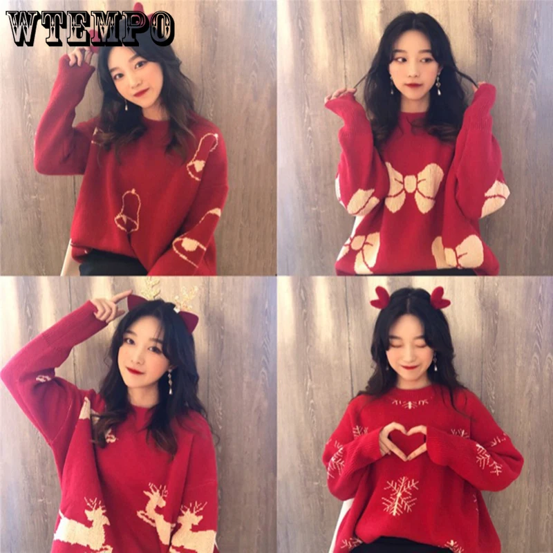 

WTEMPO Christmas Sweaters Women Fall Winter Fashion New Loose Leisure O-Neck Knitted Pullovers Versatile Jacquard Weave Knitwear