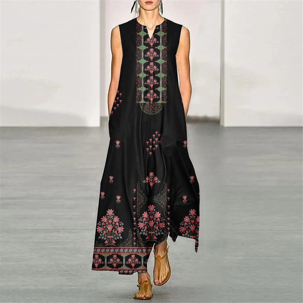 Женское платье-макси с V-образным вырезом Свободное длинное платье без рукавов