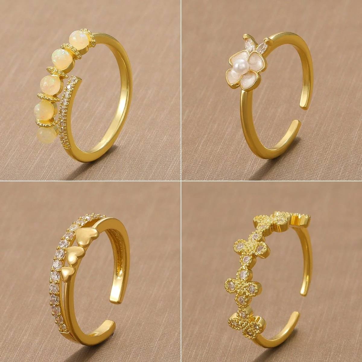 

Opal Diamond Ring Fashion Niche Love Flower Openning Ring Female Unique Ins Personality Geometric Ring Dural Line Finger Rings