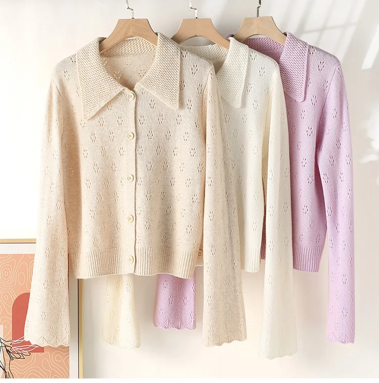 

Polo Collar Knitted Cardigan Women Gentle French Micro-Hollow Bell-Sleeve Sweater 2022 Early Autumn New Style