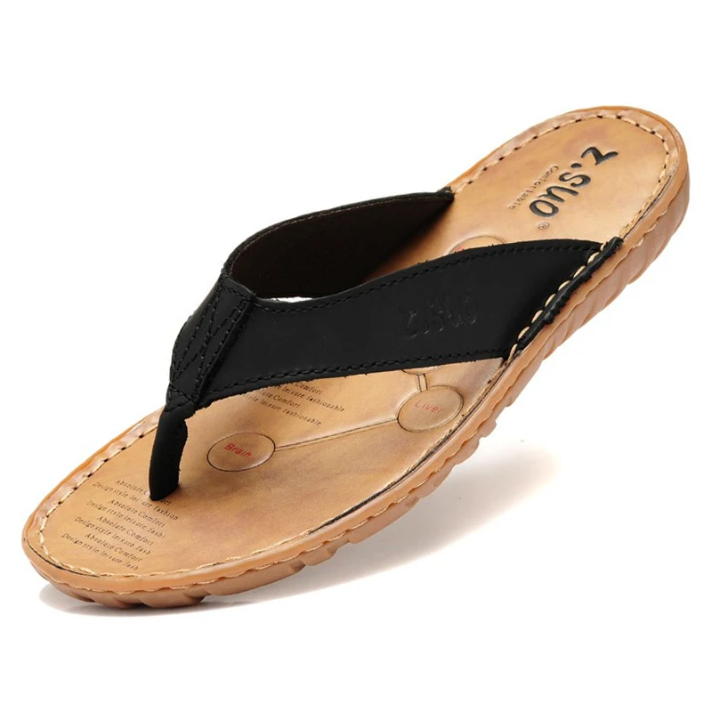 

WEH Men Genuine Leather Flip Flops Summer Slippers Beach Outdoor Flip Flop Sandals Flat Light Slipper Chanclas Hombre Piel