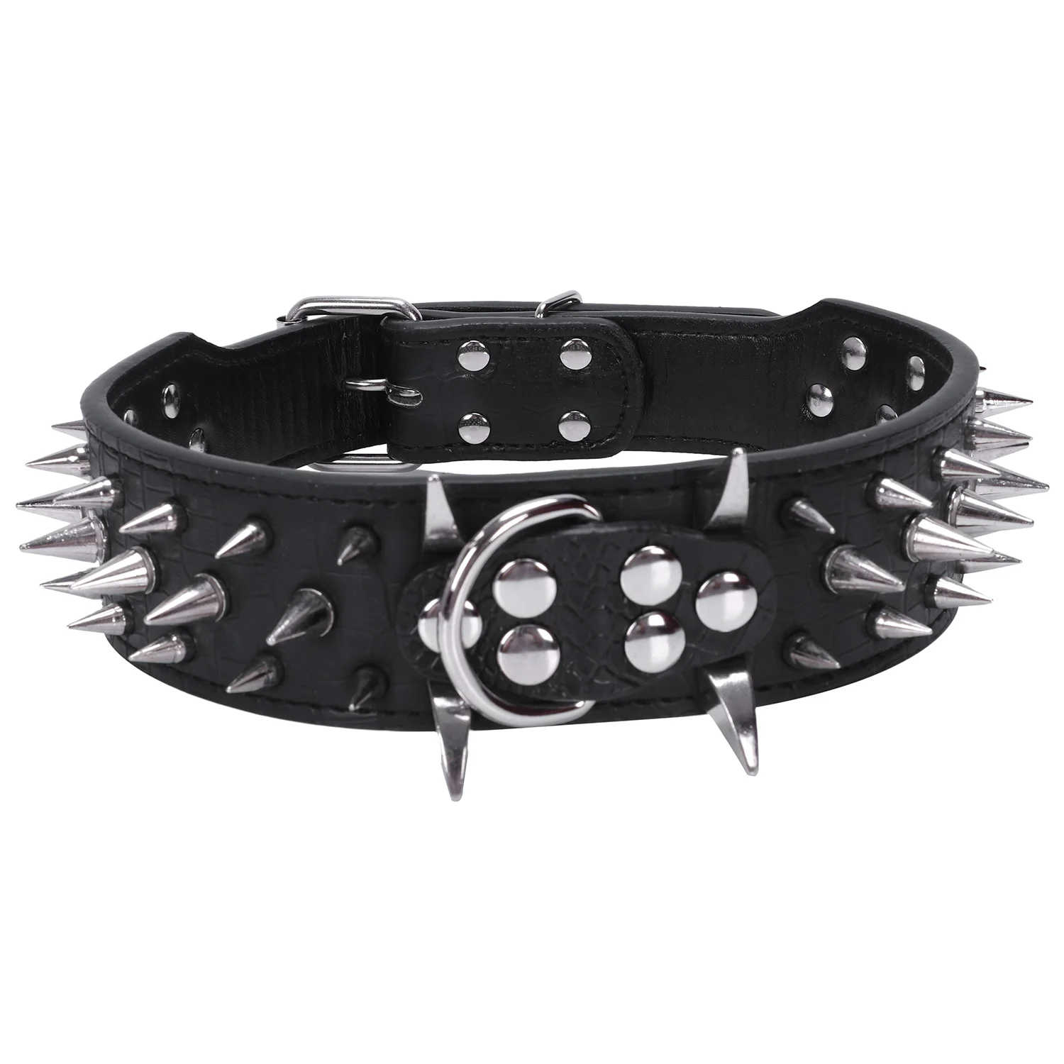 

Leather Spiked Studded Dog Collar 2" Wide, 25 Spikes 44 Studs, Pit Bull, Boxer-Black M