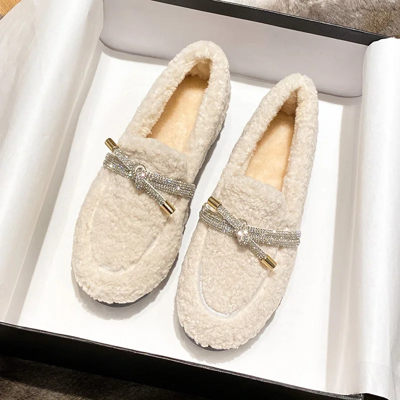 

Crystal String Bowtie Loafers Women Curly Lambswool Flats Winter Cotton Shoes Ladies Office Dress