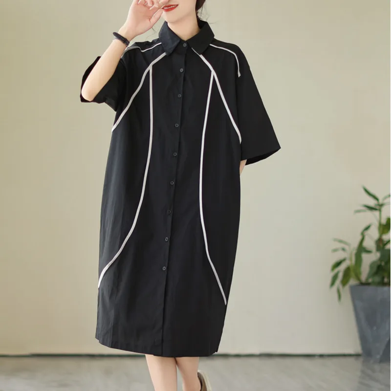 #3267 черное платье-миди с рукавом до локтя, свободное офисное длинное платье-рубашка, женское офисное ретро платье с отложным воротником, женское белое Полосатое платье