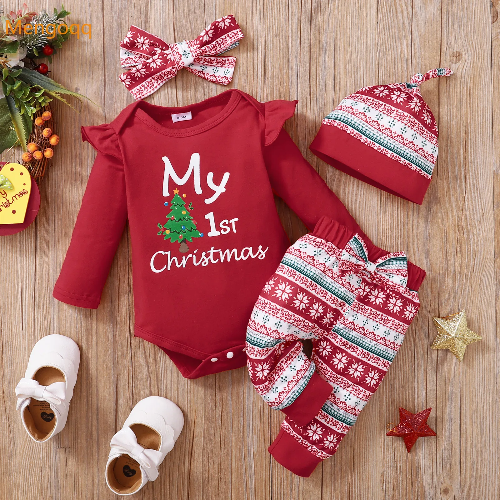 

XMAS Kids Baby Girls Boys Autumn Spring Full Sleeve Letter Top Bodysuits+headbands+trousers+hat Children Clothing Set 4pcs 0-18M