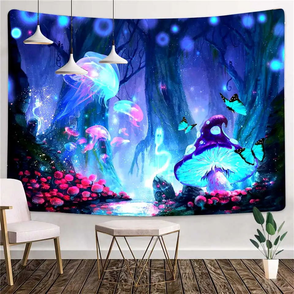 

Black Light Tapestry UV Reactive Psychedelic Mushroom Tapestry Magical Forest Aesthetic Art Wall Hanging for Home Decorations