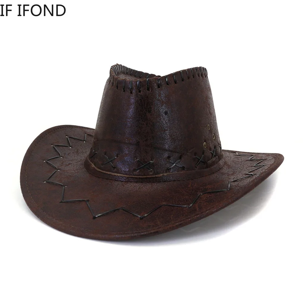 European American PU Leather Western Cowboy Hat Outdoor Travel Men's Sun Hats Wide Brim Cowgirl Jazz Sombrero Cap