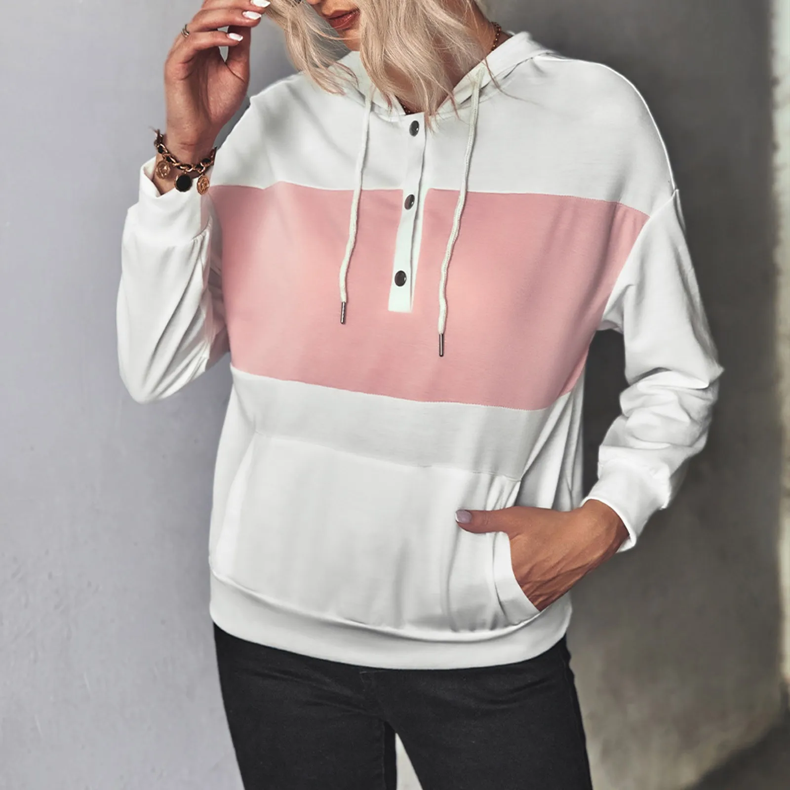 

Женская толстовка с капюшоном, длинным рукавом и пуговицами