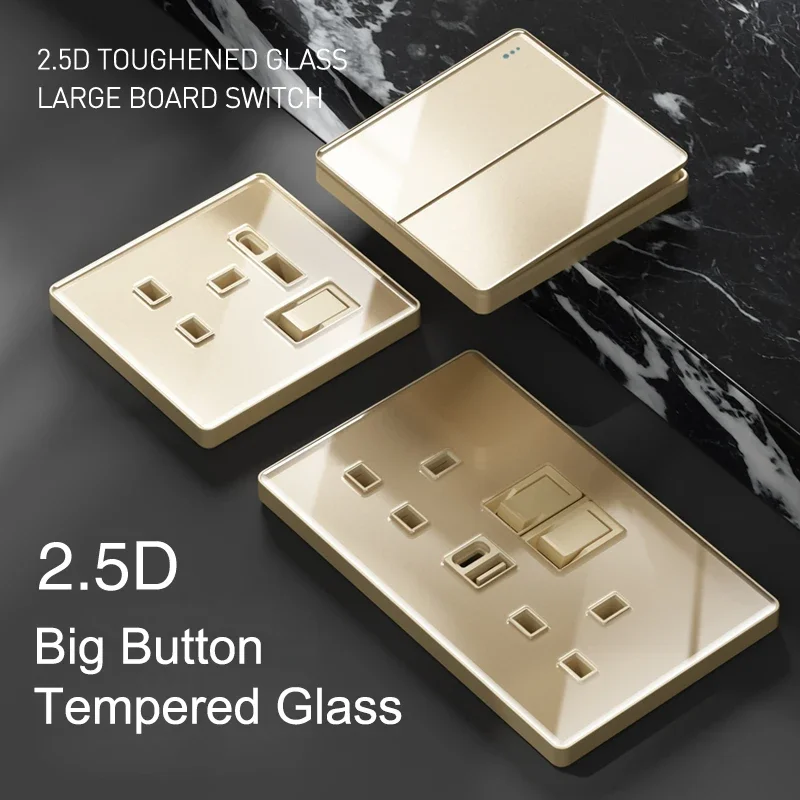 Высококачественный настенный выключатель стеклянная золотая британская