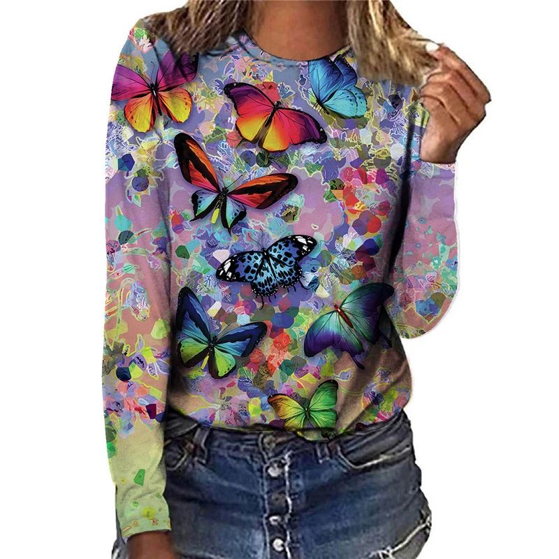 

Fashion Butterfly 3D Print T-Shirt Women's Clothing 2022 Spring Autumn Long Sleeve Vintage Tops Ladie Loose Casual Tee Shirt