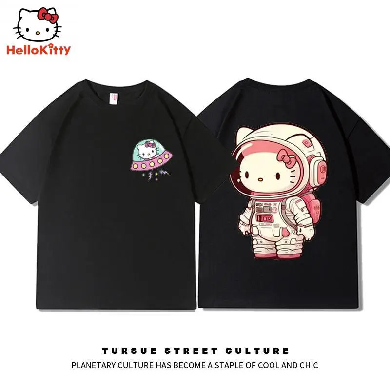 

Kawaii Sanrio/хлопок Y2K Hello футболка Китти, мультипликационный стиль, повседневный, короткий рукав, милый, свободный, летний топ, аниме, студенческий подарок для девочки