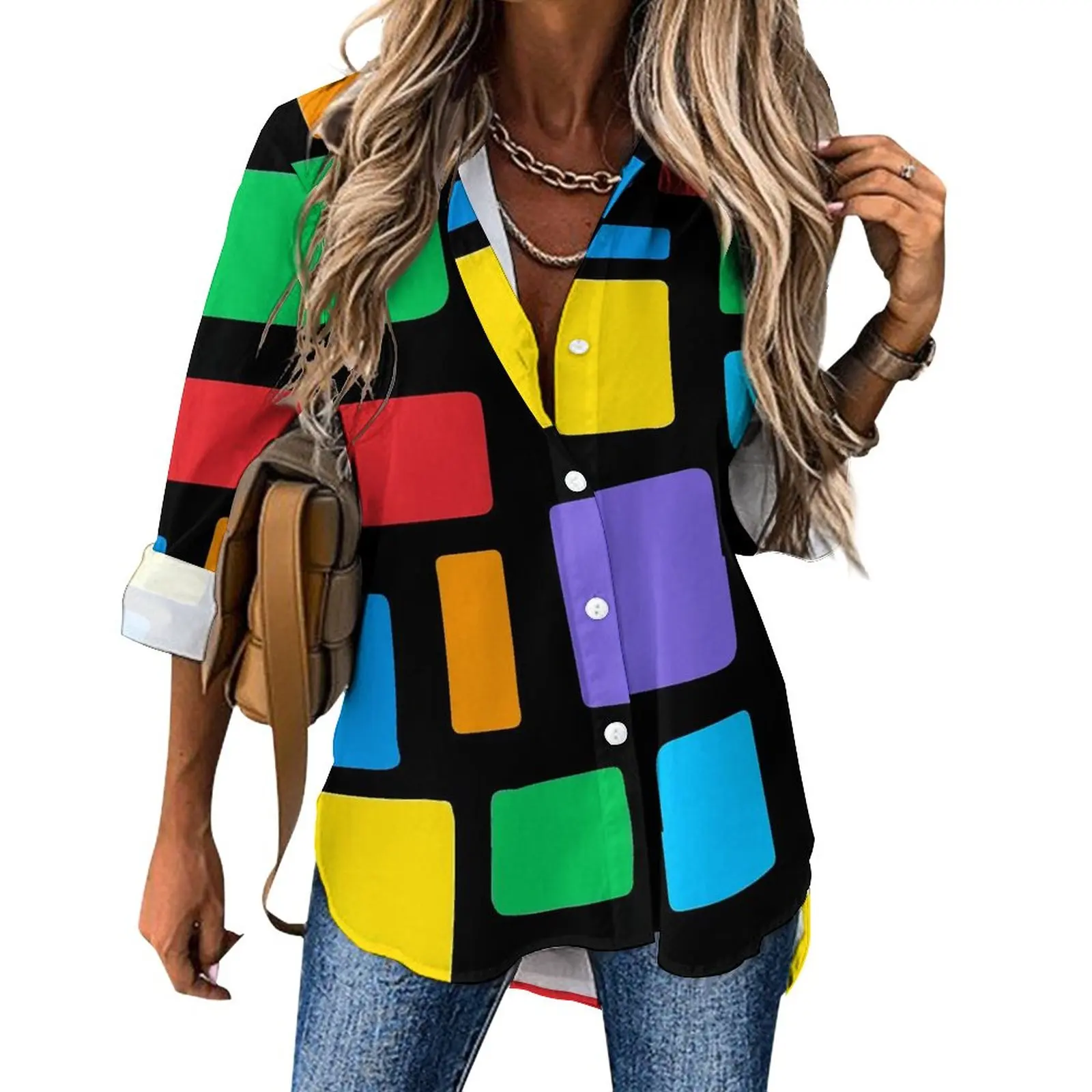 

Retro Mod Casual Blouse Long-Sleeve Colorful Bricks Geometric Aesthetic Blouses Basic Oversize Shirt Custom Top Birthday Present