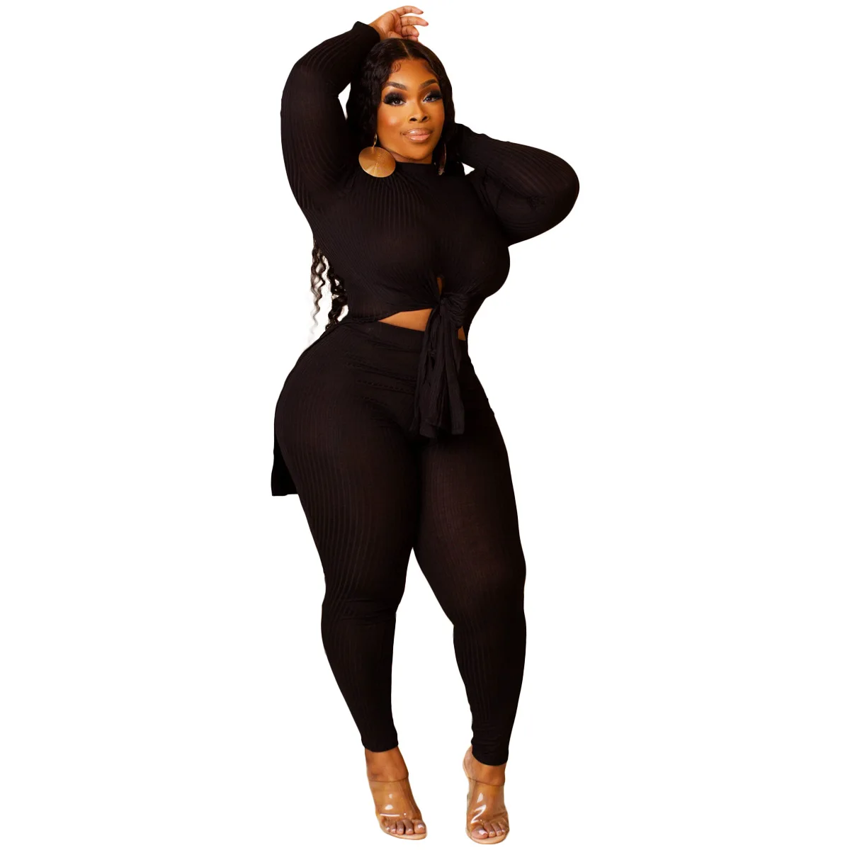 Plus Size Women Sets Ribbed Bandage Long Tops And Pants 2022 Fall Two Piece Sets Female Designer Cloth Casual Tracksuit Outfits