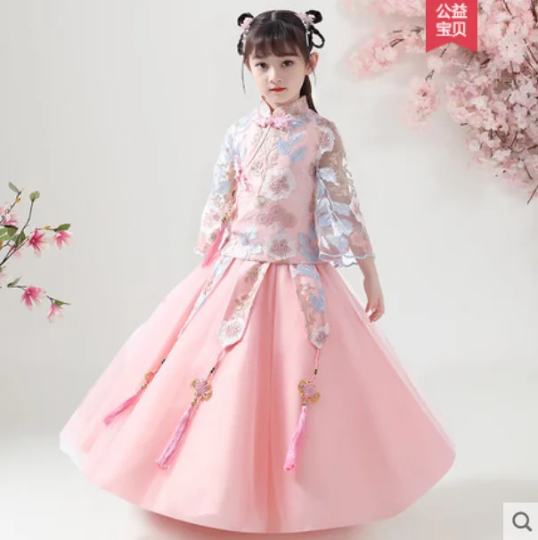 

Girl Concert Party Kid Dovetail traditional Chinese Garments Dress Hanfu Clothes Embroid Ancient Children's Performance Student