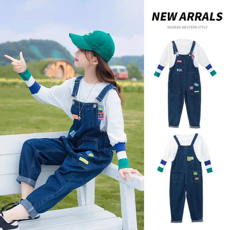 

Fall Children Jeans Clothing Set White T-shirts + Blue Jumpsuits Korean Two Piece Girls Outfits Fashion Children Tracksuits New