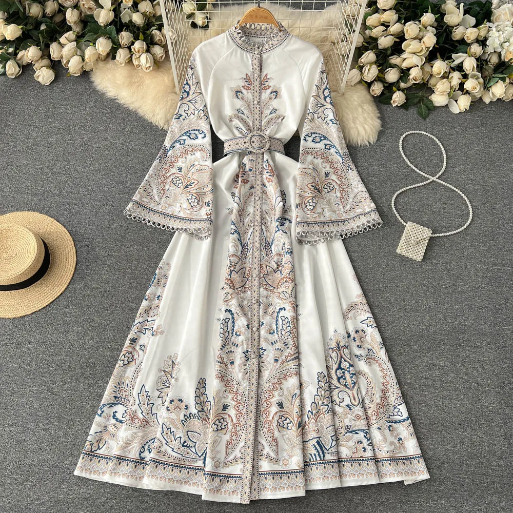 

Spring Autumn New Fashion Vintage Print Long Flare Sleeve Maxi Dress Women Single-breasted Vintage Elegant Clothes Vestidos J193