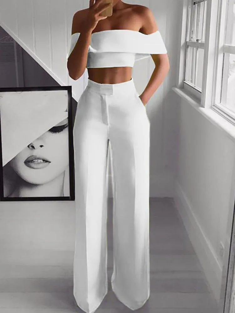 

Commute Solid High Waist Suit Streetwear 2022 Off Shoulder Wrap Tops+Long Straight Pockets Pants Suit Sexy Backless Women Sets