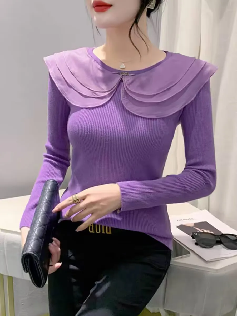 Полосатый оборками по краям повседневный полированный женский осенне-зимний