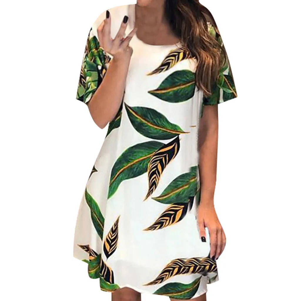

Printed Dress Round-necked Summer Leaves Button Women Hollow Fashion Sexy Back Women's Dress O Neck Fashion dress