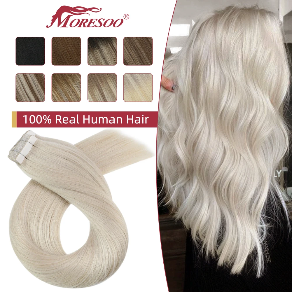 

Moresoo Tape in Human Hair Extensions Blonde Color Brazilian Machine Remy Hair Natural Straight 50G/PACK Tape in PU Skin Weft