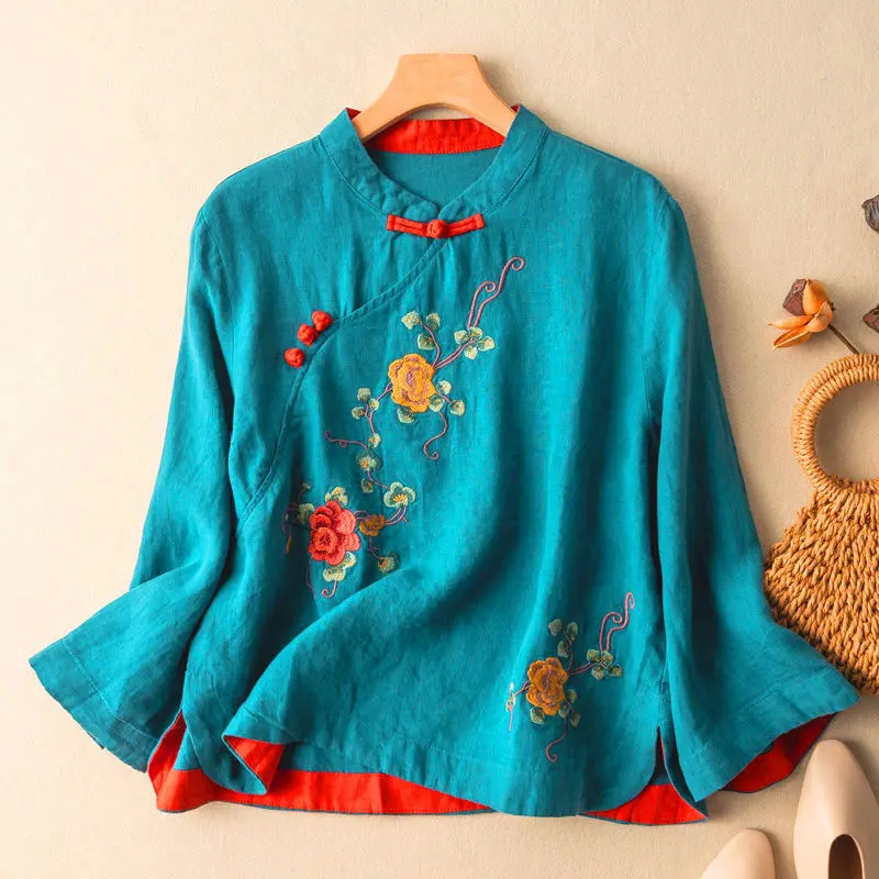 

Embroidered Shirts Women Literary Retro Cotton Linen Top Harajuku Chinese Slanted Button Up Shirt Loose Spring Woman Tops Mujer