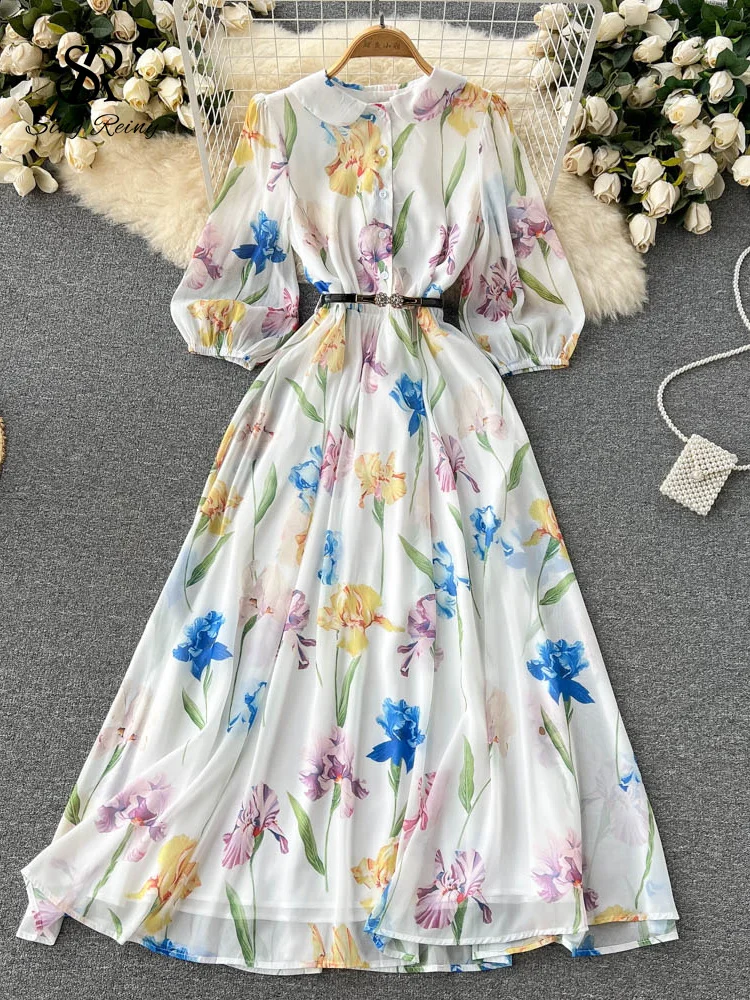 

SINGREINY French Style Women Temperament Dress 22 Summer Sashes Single Breasted Floral Print Ladies white dress women